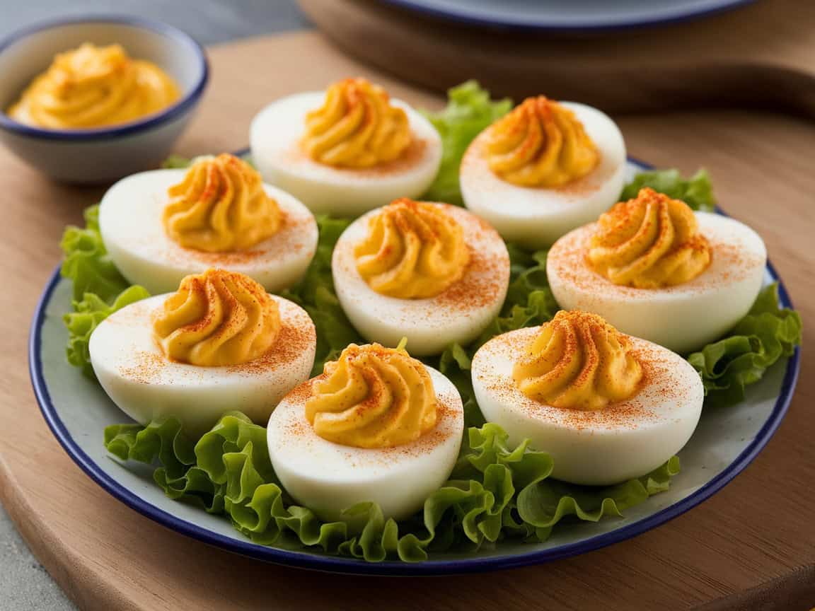 platter of deviled eggs on bed of leafy green lettuce