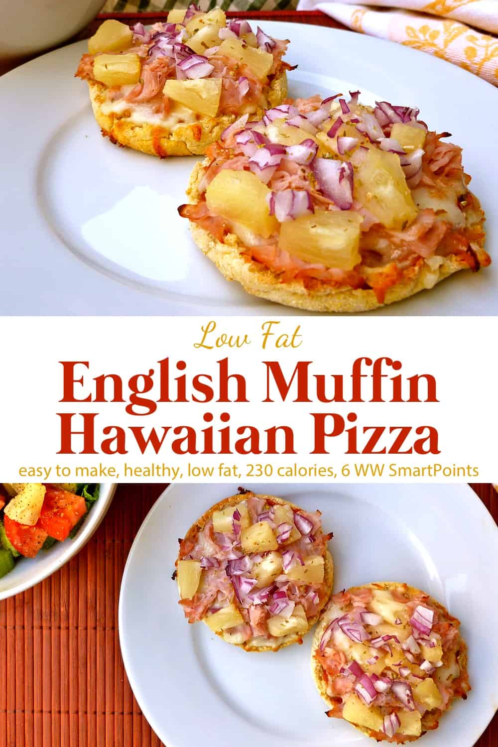 English muffin Hawaiian pizza on white plate with side salad.