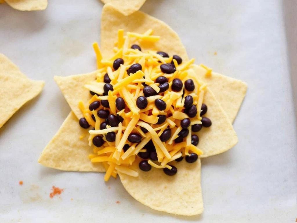 small pile of nachos topped with shredded cheese & black beans