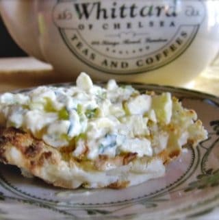 Easy Egg Salad on toasted english muffin with Whittard of London Tea Pot in Background