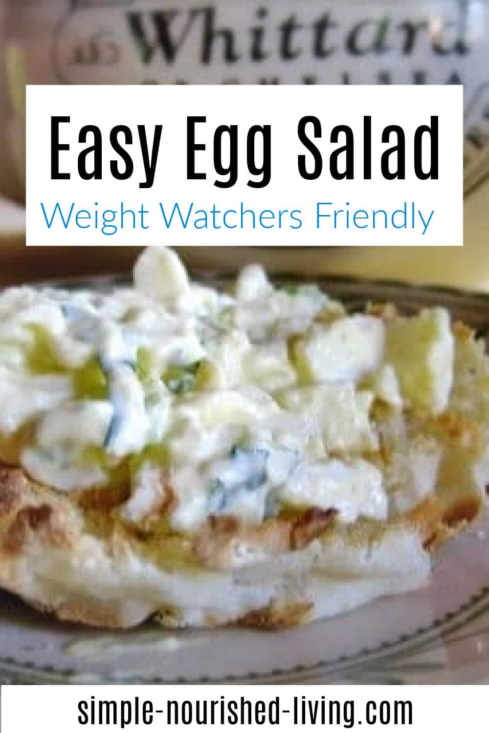 egg salad on english muffin with Whittard tea pot behind with Text Box Easy Egg Salad - Weight Watchers Friendly.