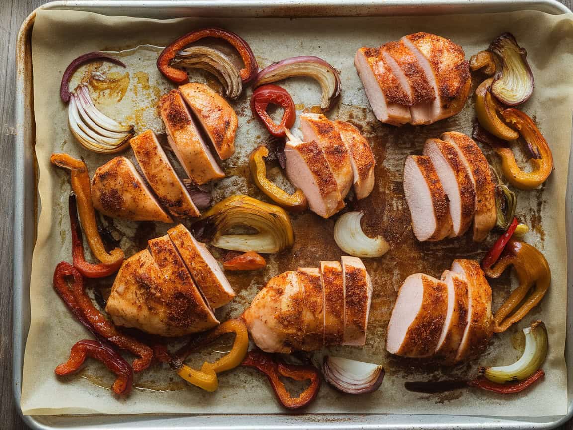 Cooked onions, peppers chicken on sheet pan