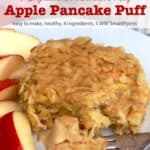 Easy microwave apple pancake puff with shredded apple and pancake mix on a plate with a fork and slices of fresh apple