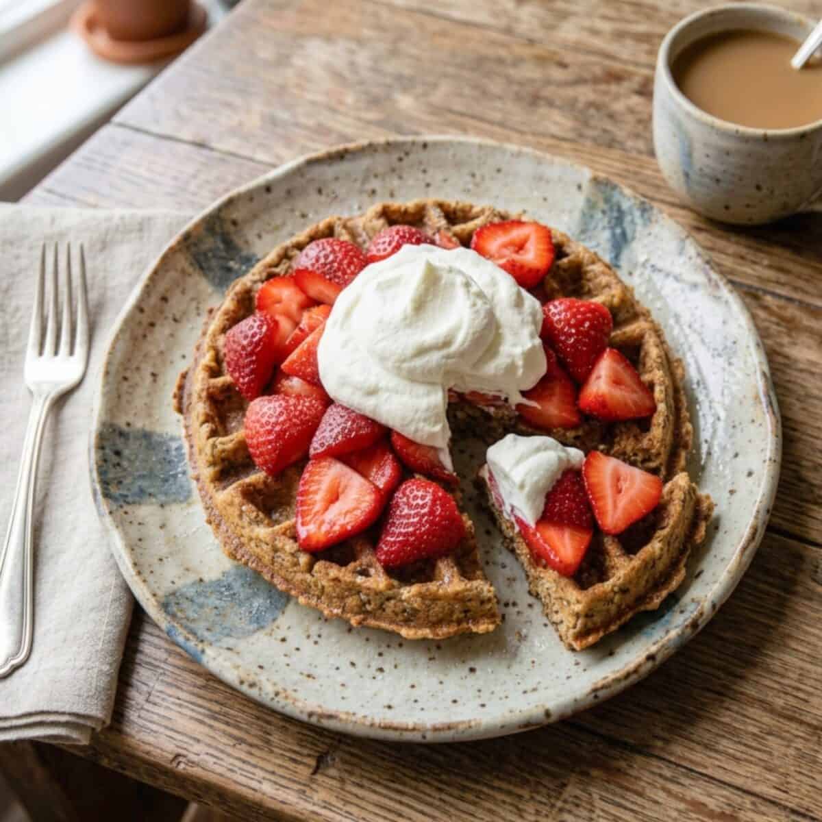 Strawberry Waffle Shortcake on pottery plate.