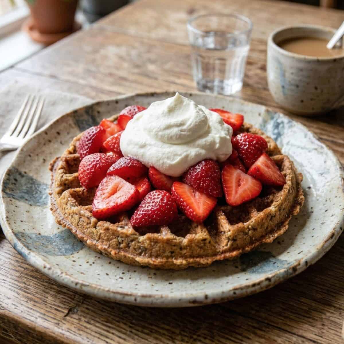 Whole Grain Strawberry Waffle Shortcake on a pottery plate with mug of coffee and glass of water in the background.