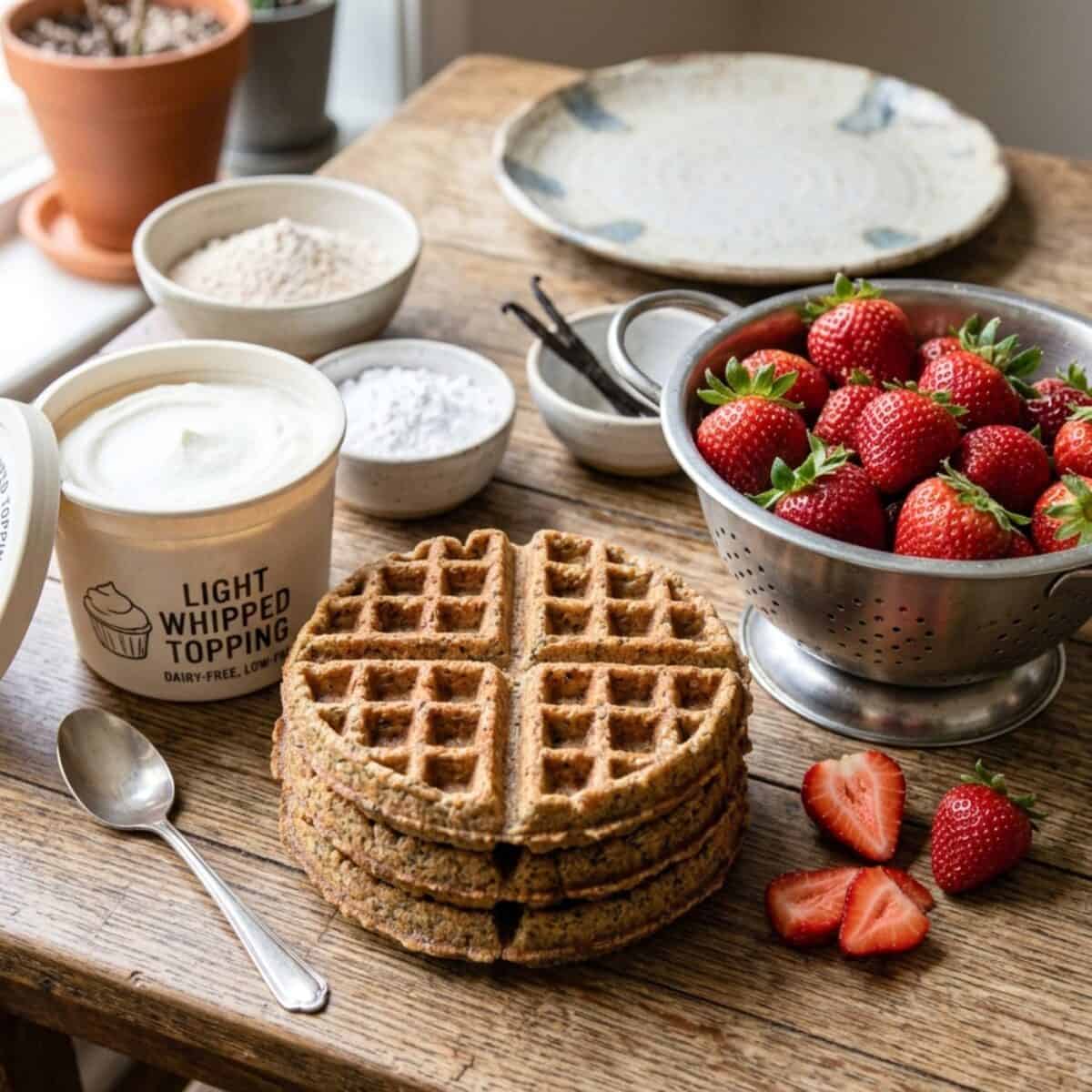 Ingredients including a stack of whole grain waffles, fresh strawberries in a colander and a container of light whipped topping.