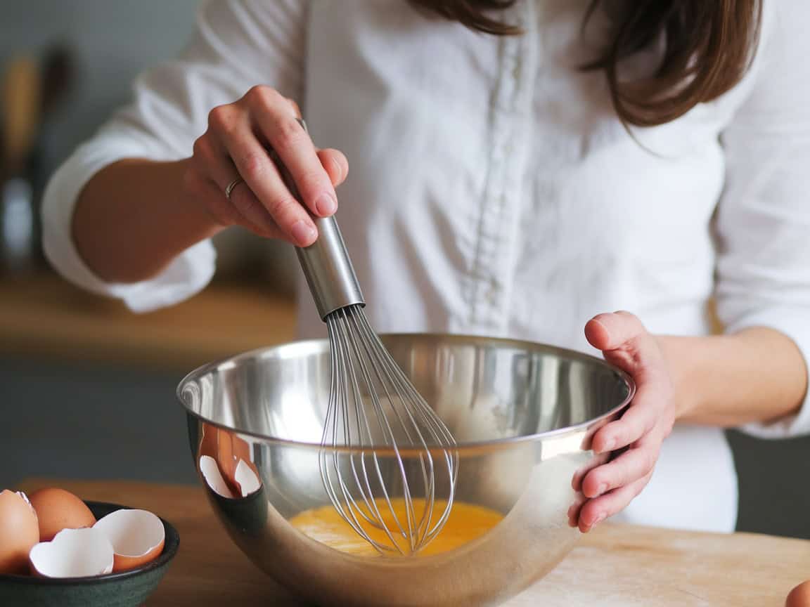 whisking eggs in a bowl for frittata