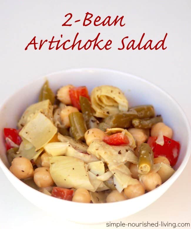 Skinny 2-Bean Artichoke Salad in white bowl close up