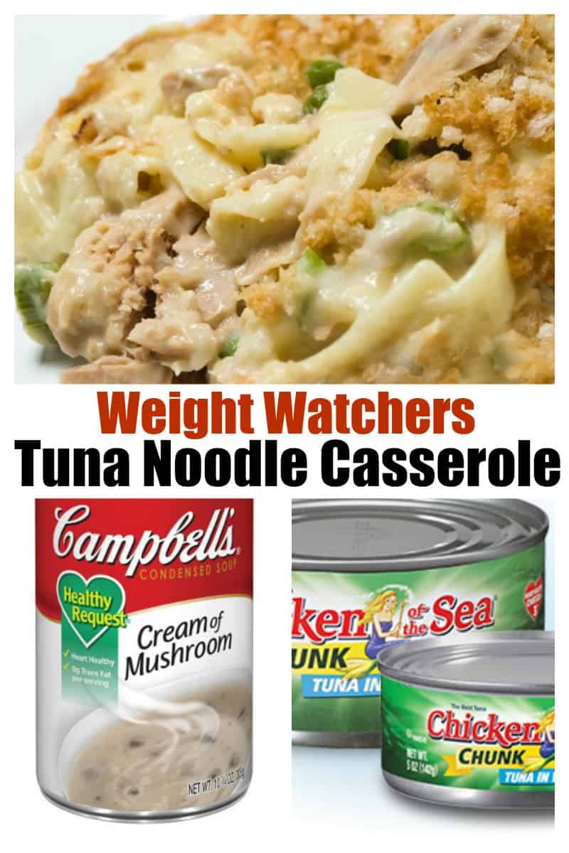 Photo collage: top, a close-up of a tuna noodle casserole, bottom: a can of cream of mushroom soup next to cans of tuna.