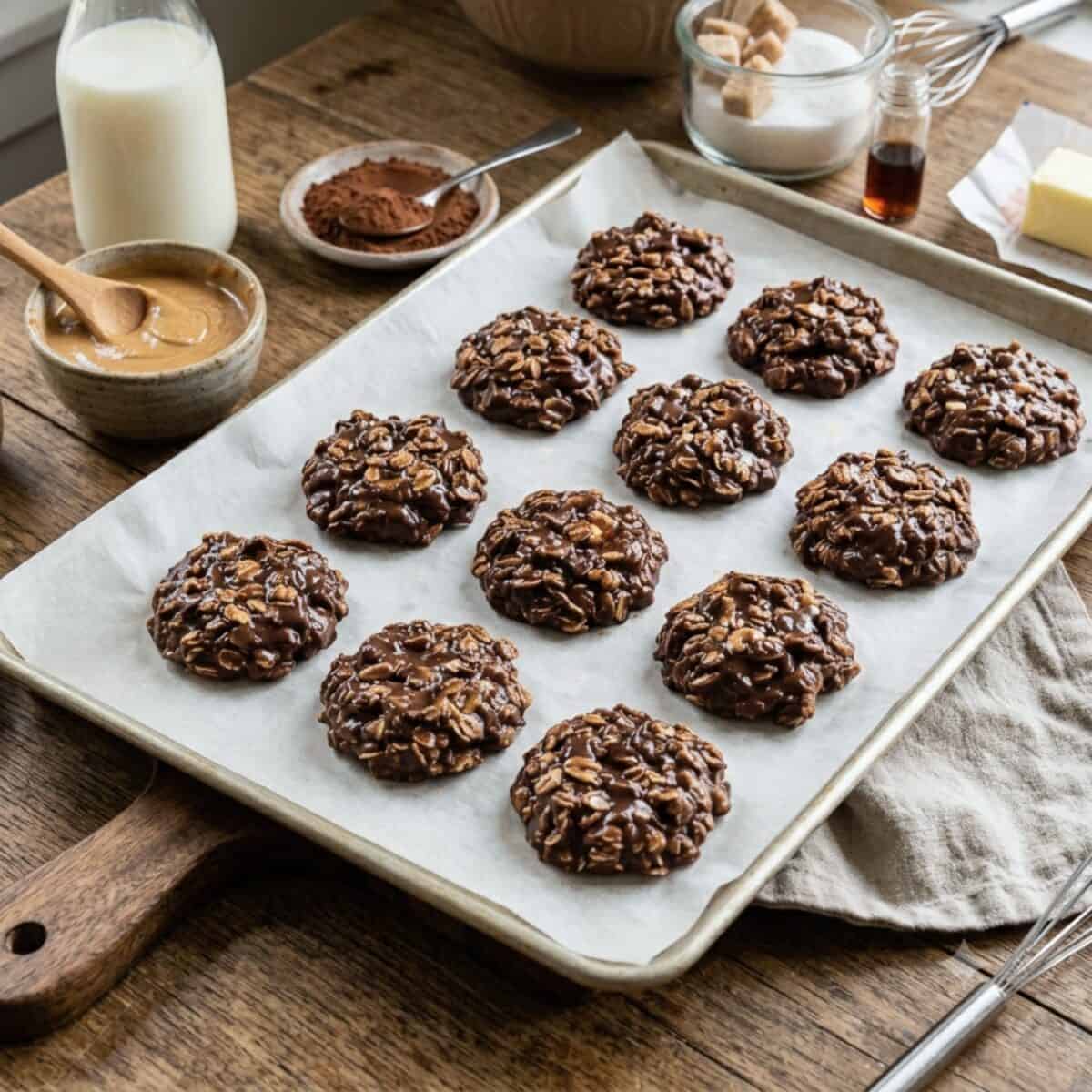 No bake chocolate peanut butter oat cookies on parchment-line sheet pan.