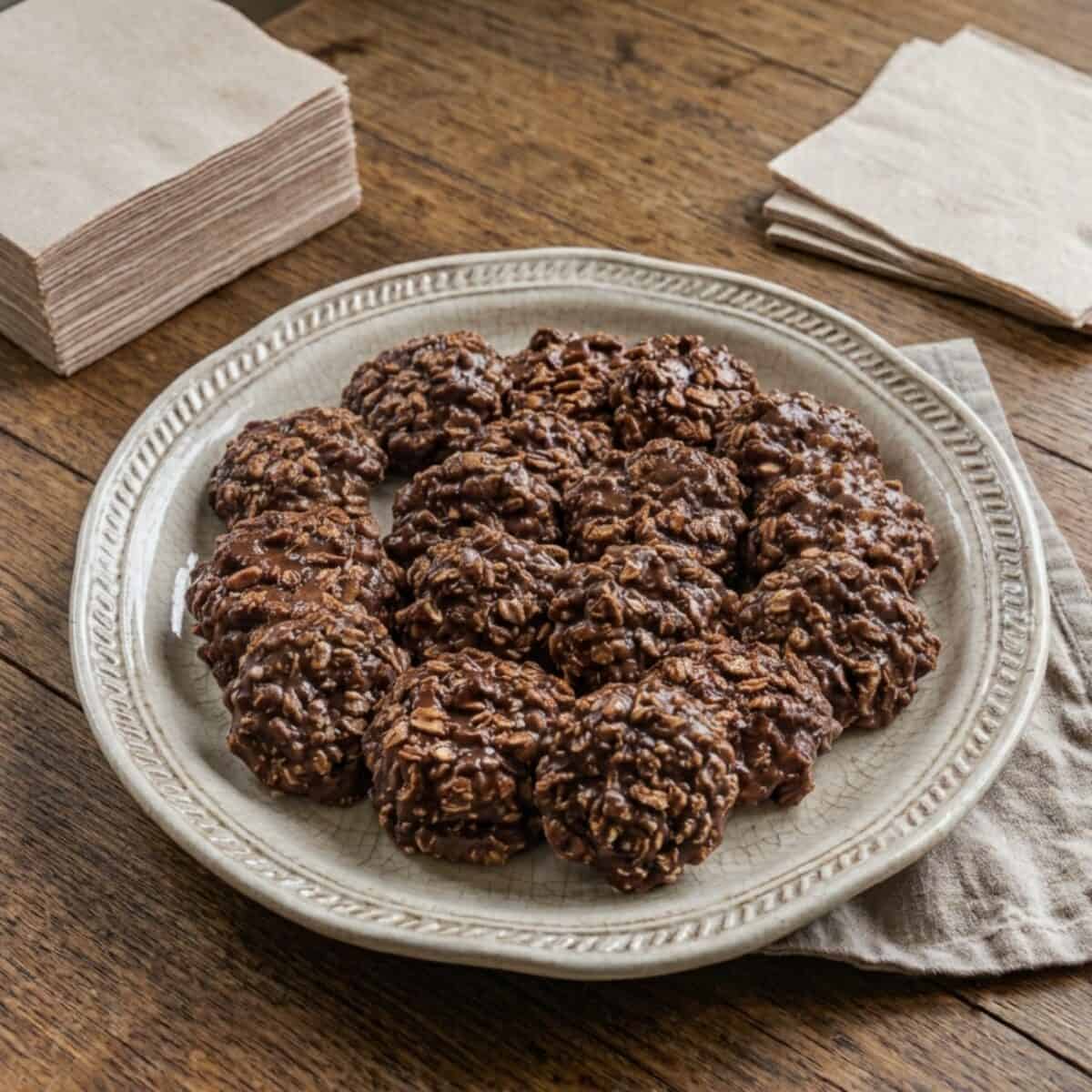 No bake chocolate peanut butter oat cookies on a vintage serving platter.