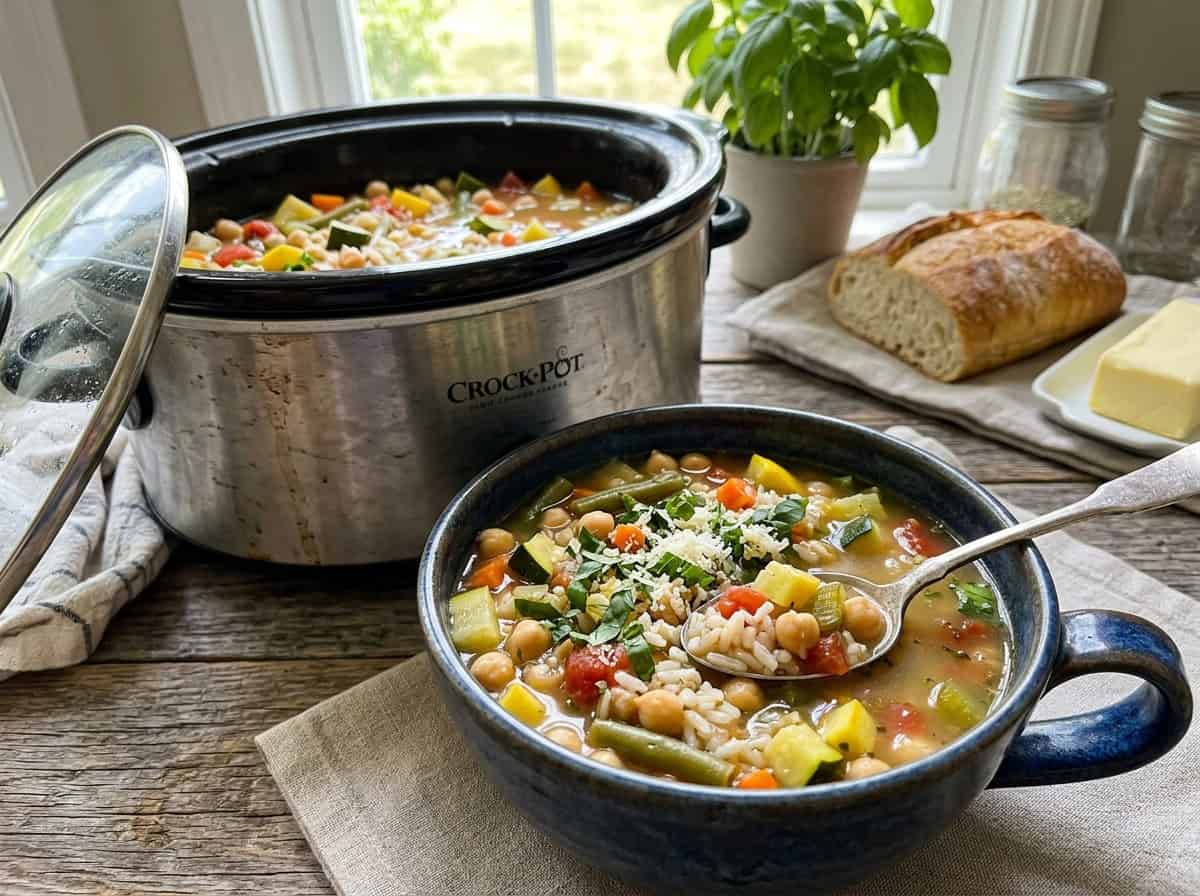 A bowl of slow cooker summer minestrone with a slow cooker full of soup behind.