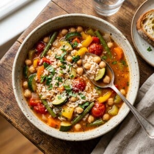 bowl of slow cooker summer minestrone with spoon shot from above