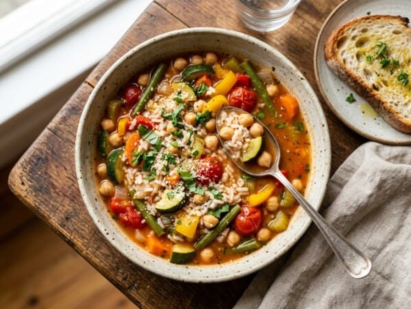 bowl of slow cooker summer minestrone with spoon shot from above