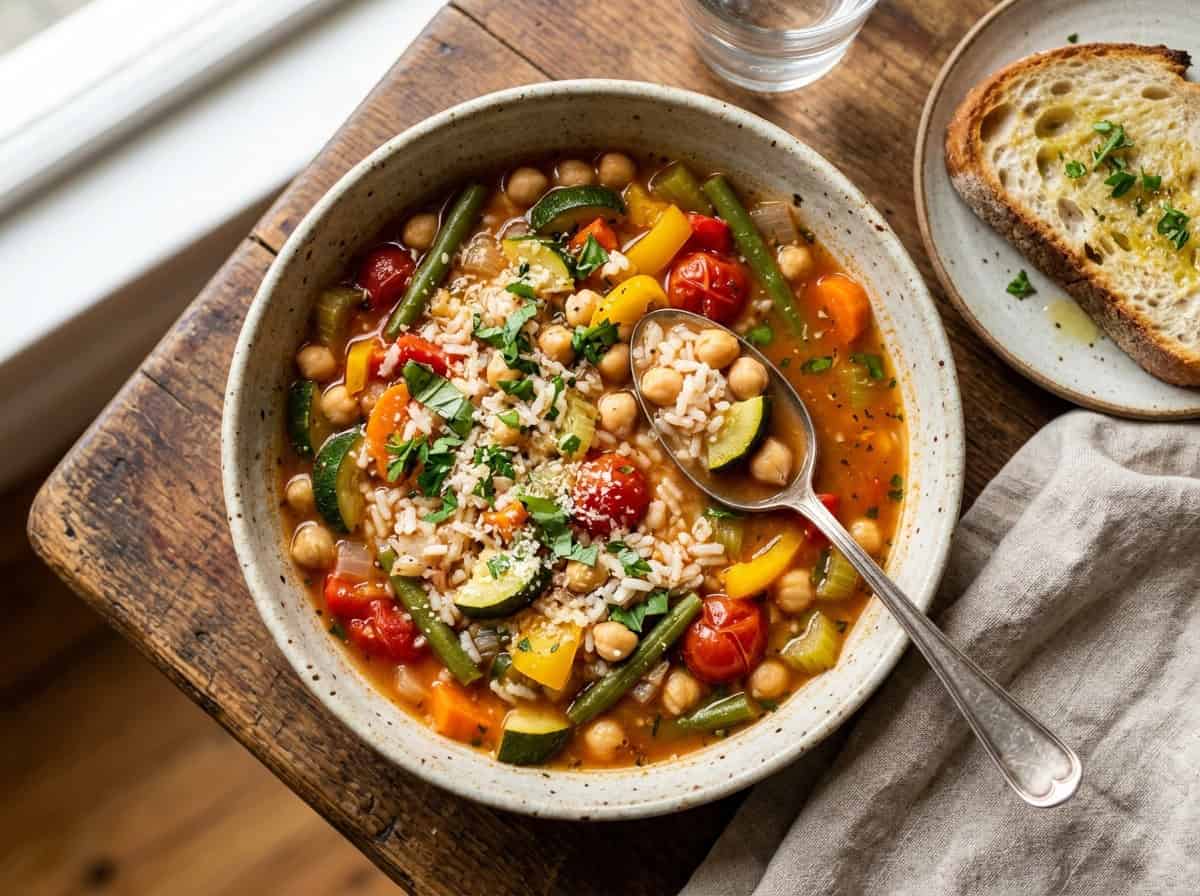 Bowl of slow cooker summer minestrone with spoon and crusty bread alongside.