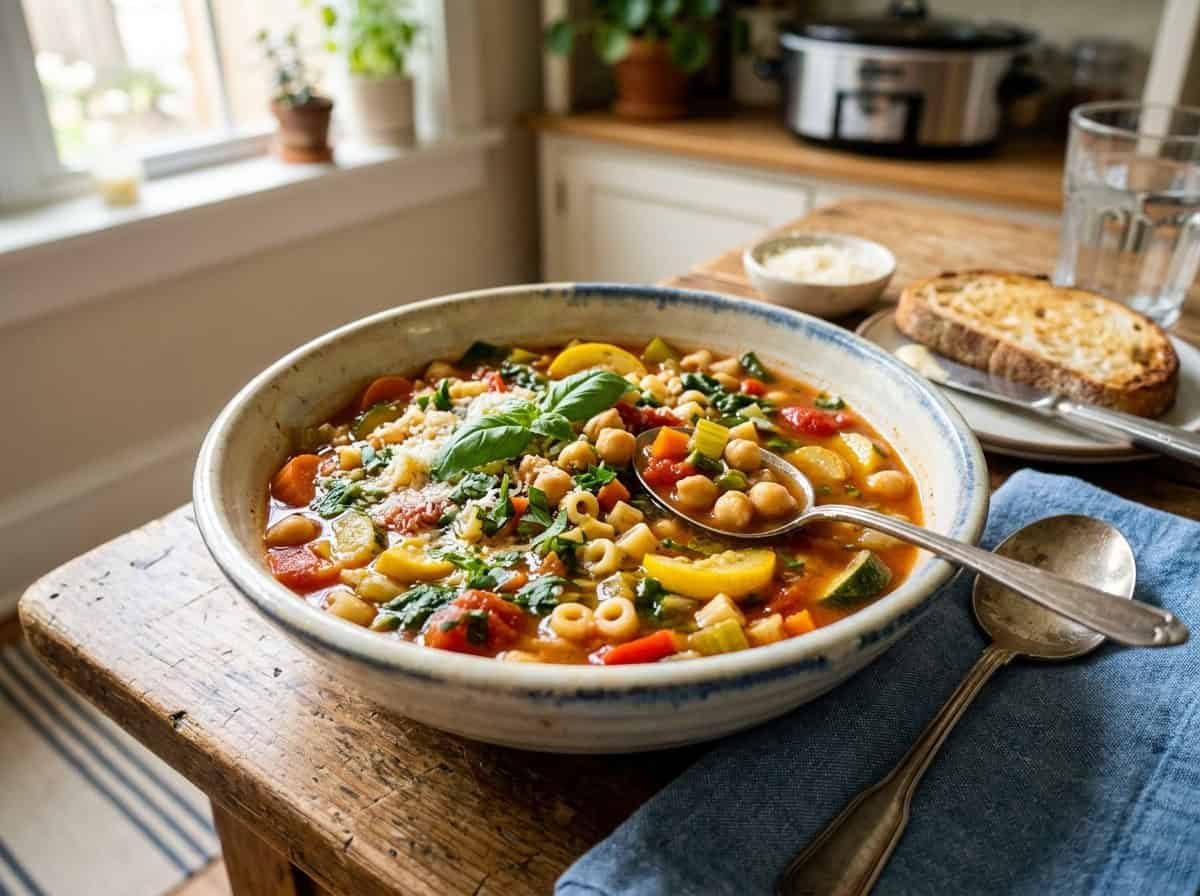 bowl of summer minestrone from the front with slow cooker on counter behind
