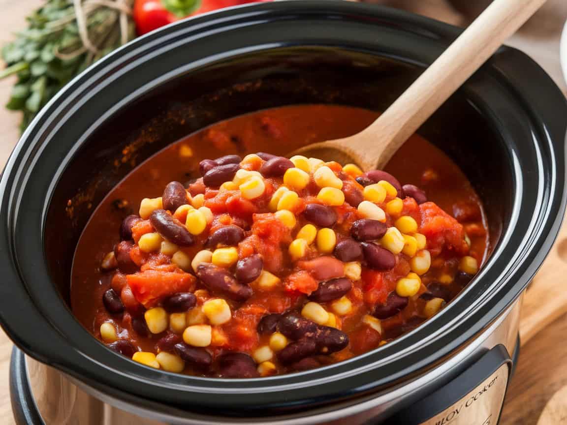 crockpot filled with 2-bean burrito filling