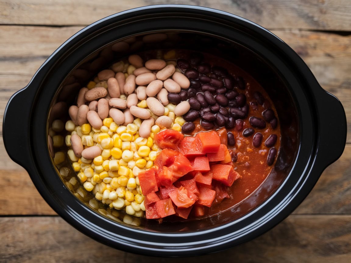 crock pot loaded with pinto beans, black beans, corn, tomatoes