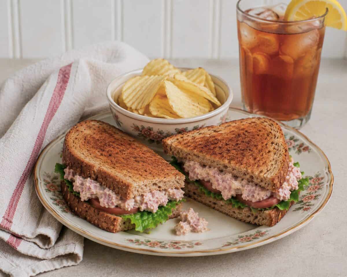 Ham salad sandwich on whole grain toast alongside a small bowl of potato chips and glass of iced tea.