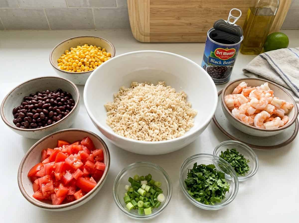 Bowls of ingredients for Southwest Shrimp Black Bean Salad Arranged on Counter