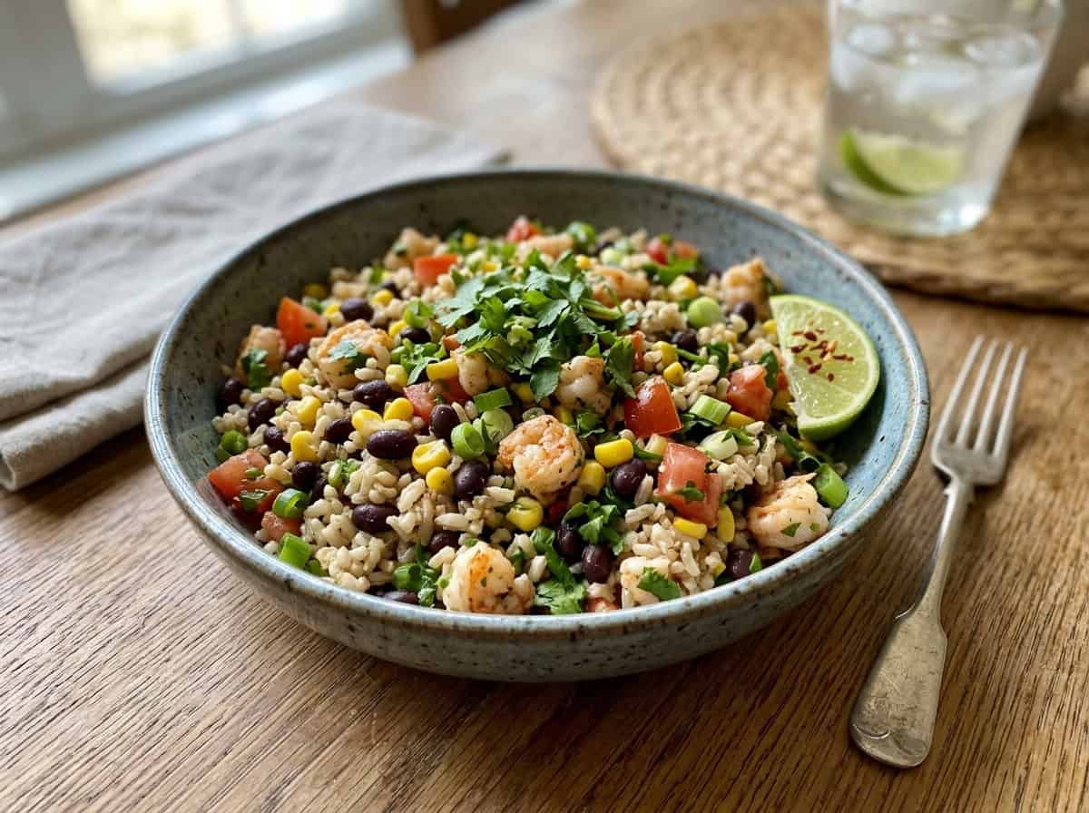 serving of southwest shrimp black bean salad in pottery bowl with fork and glass of water alongside