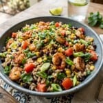 Pottery Bowl with Southwest Shrimp and Black Bean Salad garnished with chopped cilantro
