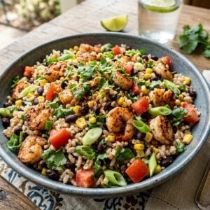 Pottery Bowl with Southwest Shrimp and Black Bean Salad garnished with chopped cilantro