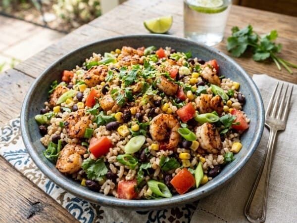 Pottery Bowl with Southwest Shrimp and Black Bean Salad garnished with chopped cilantro