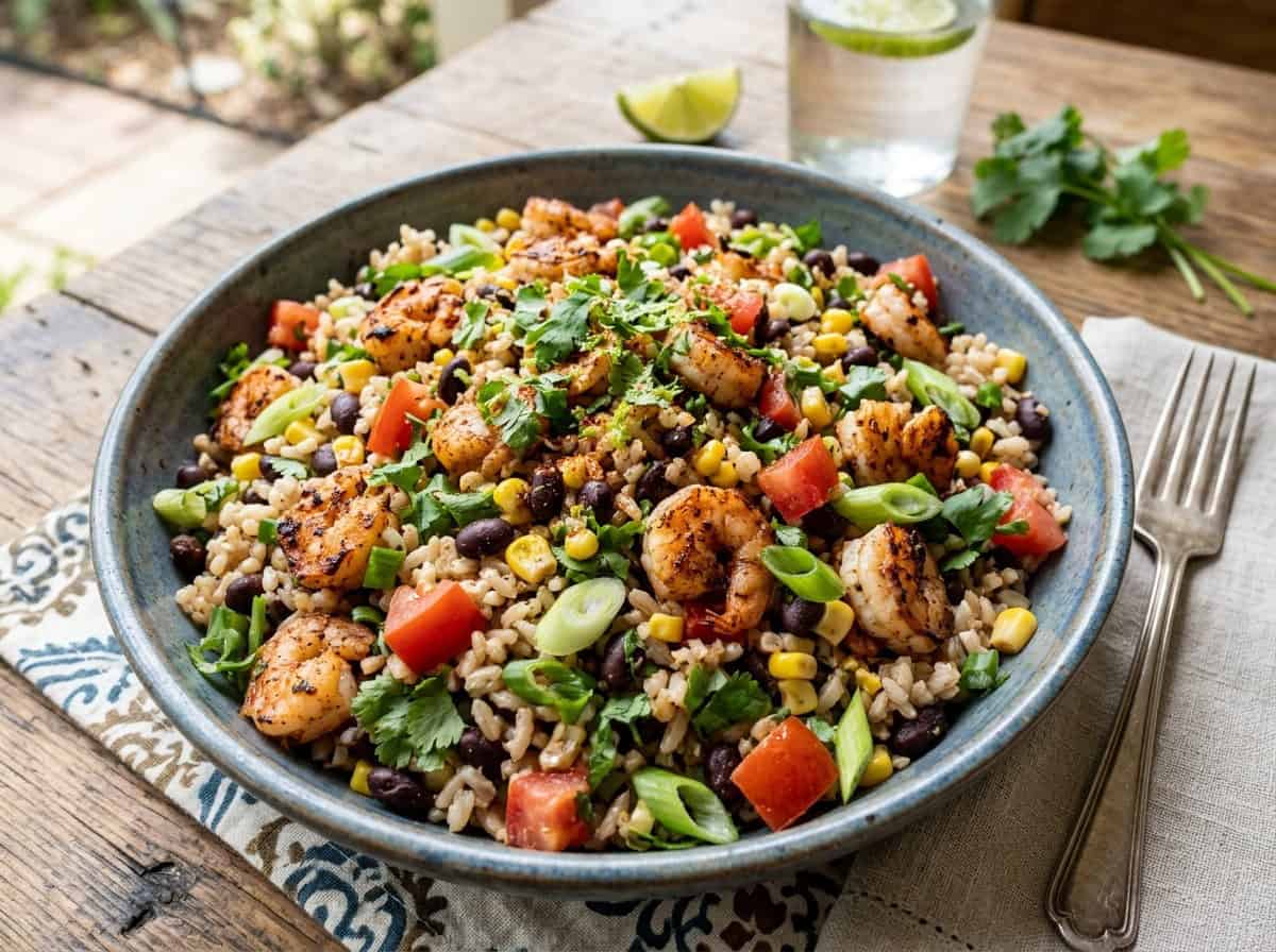 Pottery Bowl with Southwest Shrimp and Black Bean Salad garnished with chopped cilantro