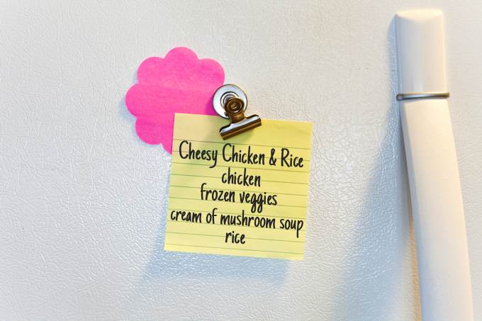 Refrigerator Meal Idea with Ingredients on yellow sticky note.