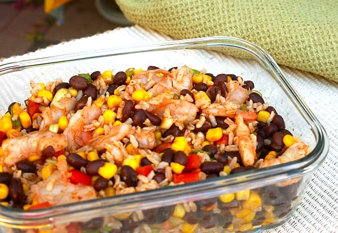 Zesty Shrimp and Black Bean Salad in a glass container