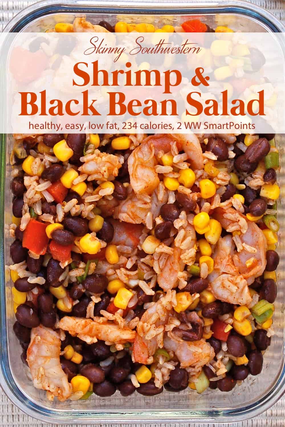 Zest shrimp salad with black beans, corn and brown rice up close.
