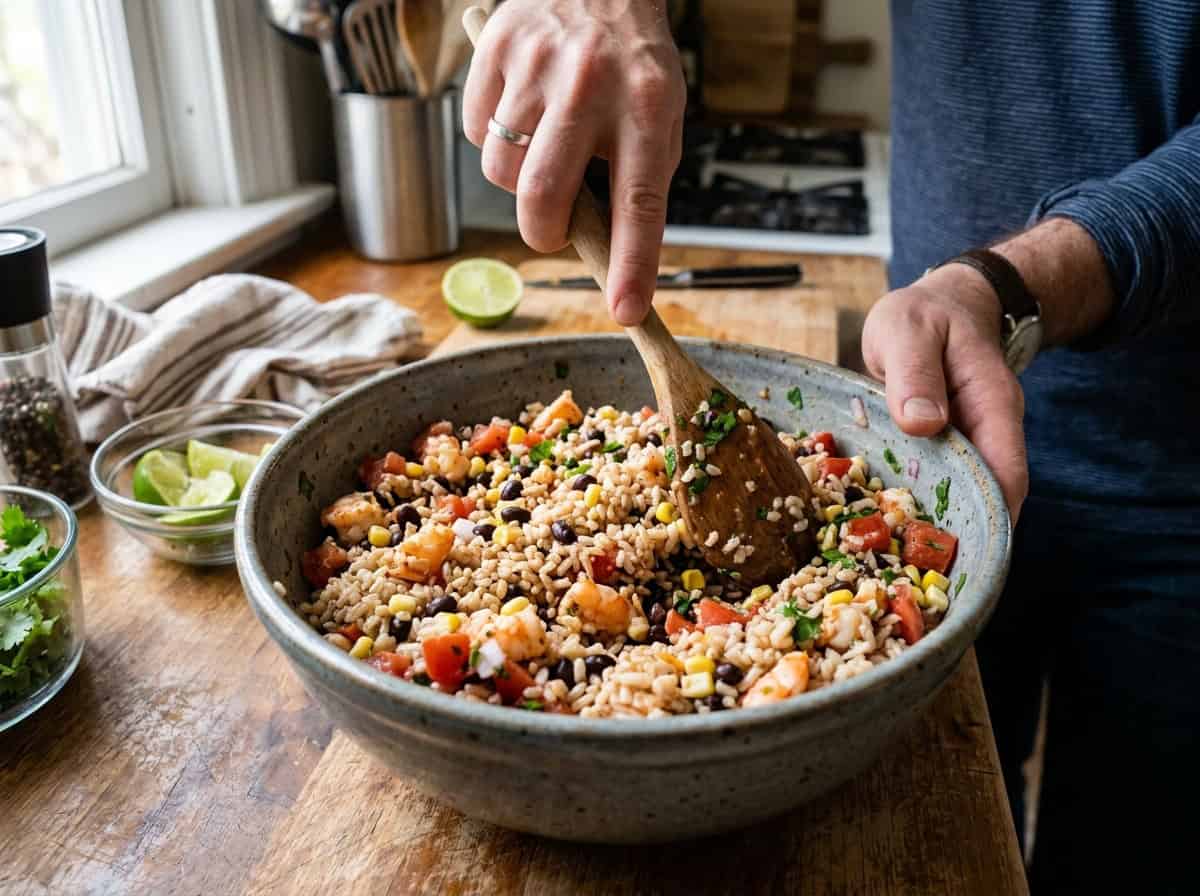 making southwest shrimp black bean salad