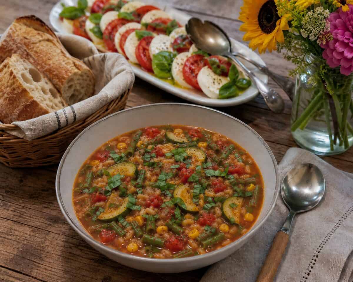 Bowl of summer vegetable soup on a wood table with soup spoon on a linen napkin, a basket of crusty bread and capers salad in the background with a small vase of flowers.