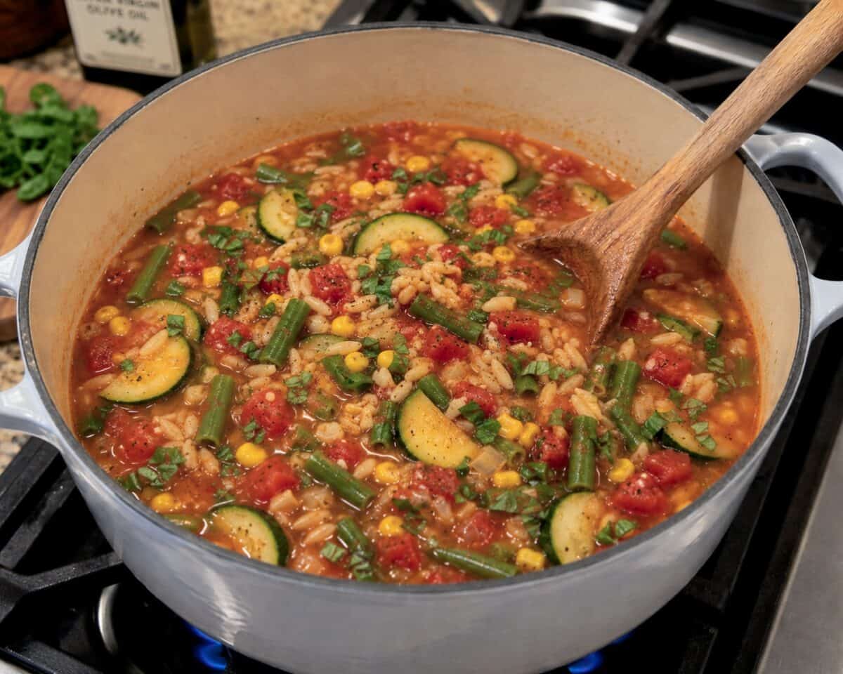 Summer vegetable soup simmering in dutch oven with a wooden spoon on gas stove.
