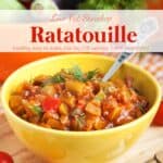 Ratatouille with fresh herbs in yellow bowl with spoon.