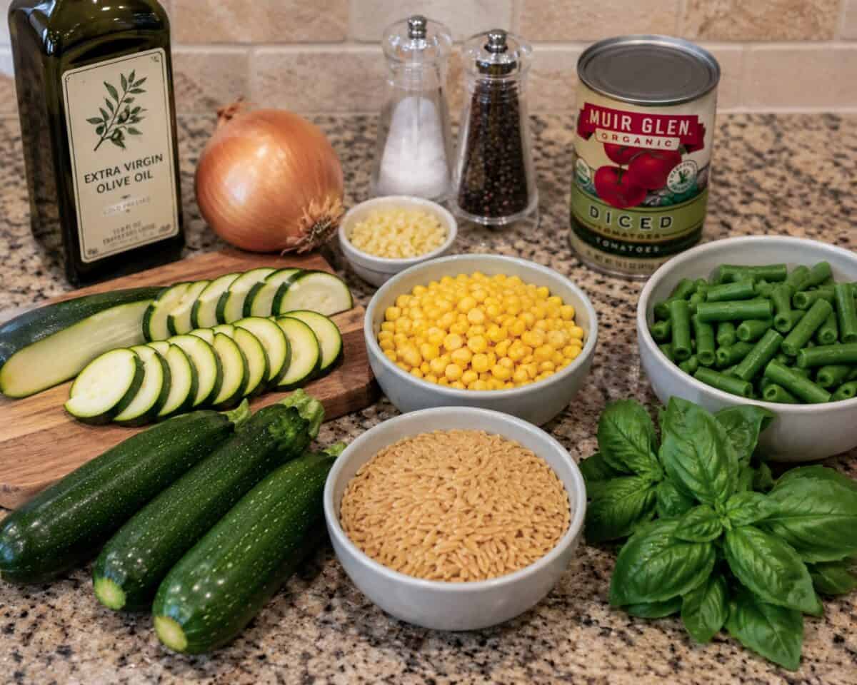 Ingredients including zucchini, whole wheat orzo pasta, corn kernels, green beans, basil leaves, minced garlic, a yellow onion, olive oil, can of diced tomatoes, salt and pepper on kitchen counter.