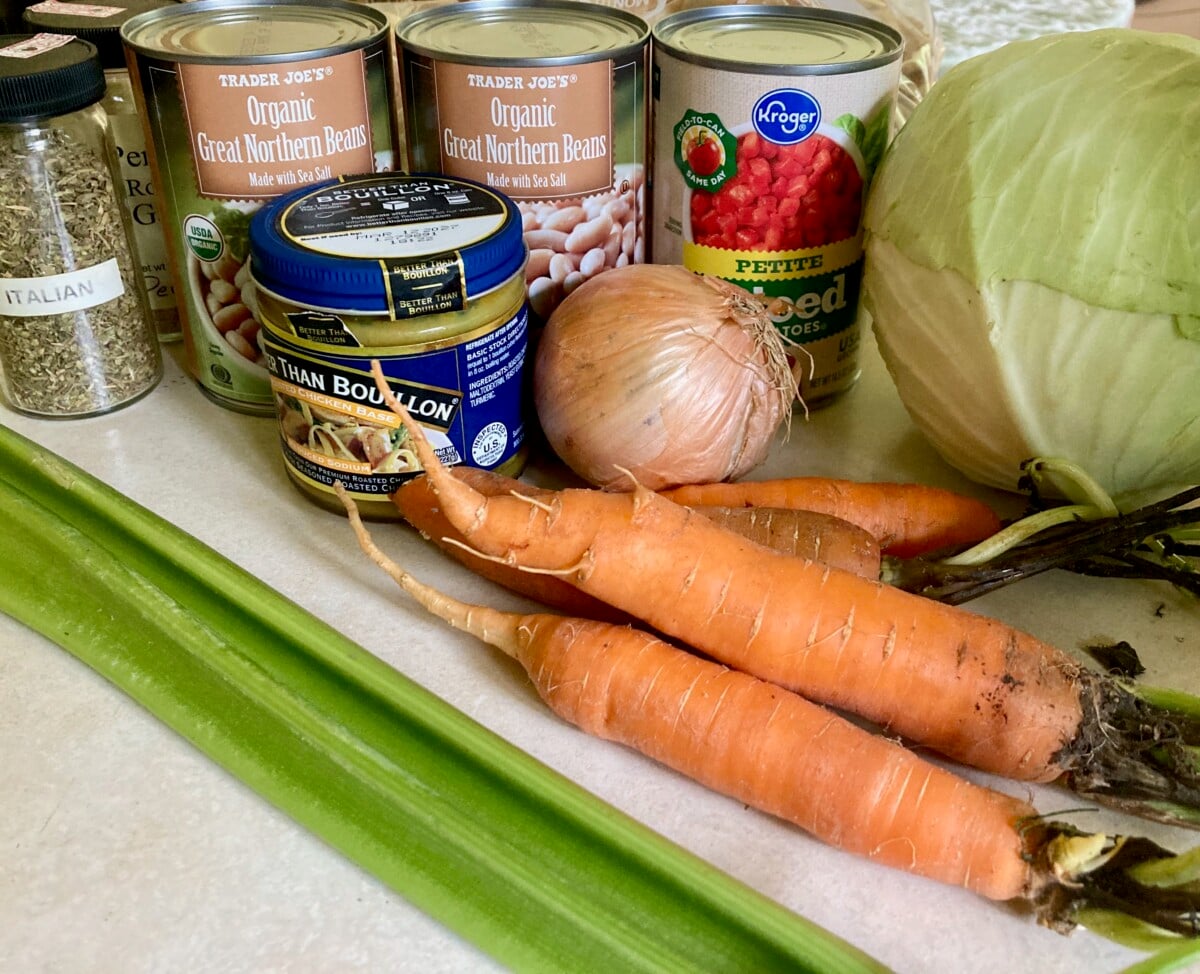 Soup Ingredients: celery, carrots, cabbage, canned beans, broth, canned tomatoes, Italian Seasoning