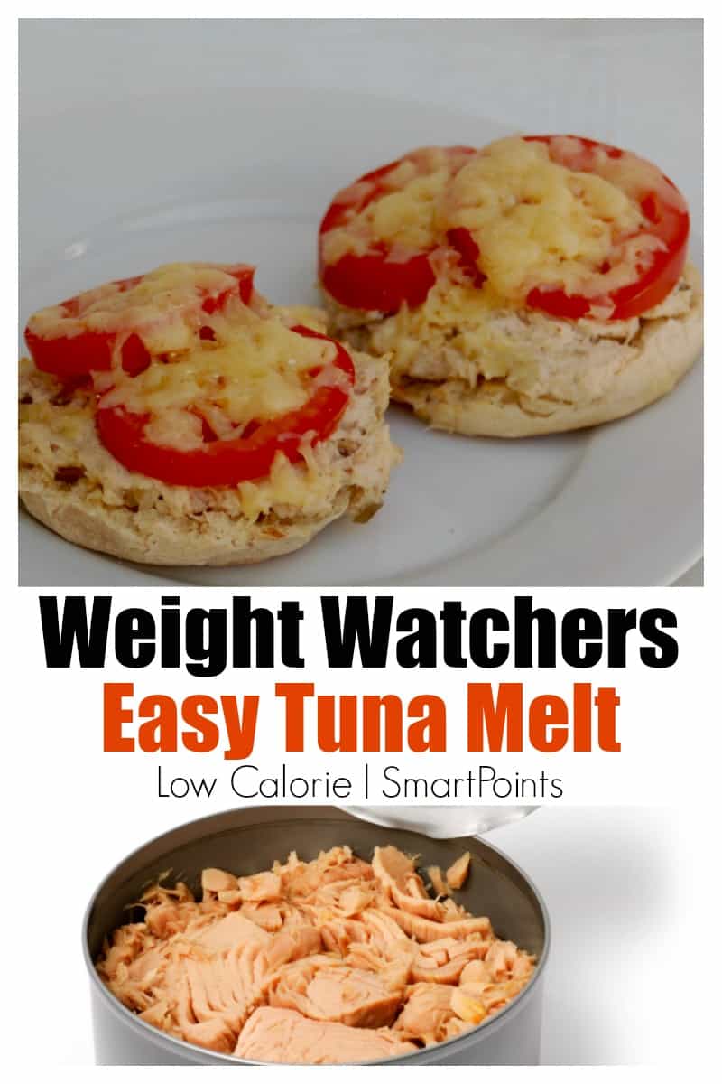 Photo collage. Easy Tuna Melt made on Light English Muffin with Sliced Tomato on White Plate. Open Can of Tuna. Text Box: Weight Watchers Easy Tuna Melt