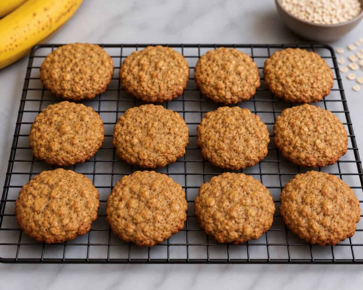 Fresh baked banana oatmeal cookies on wire cooling rack.