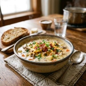 bowl of creamy cheeseburger soup