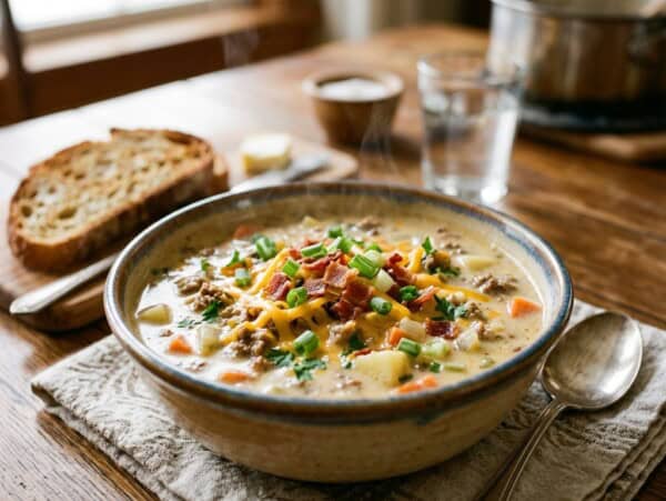 bowl of creamy cheeseburger soup