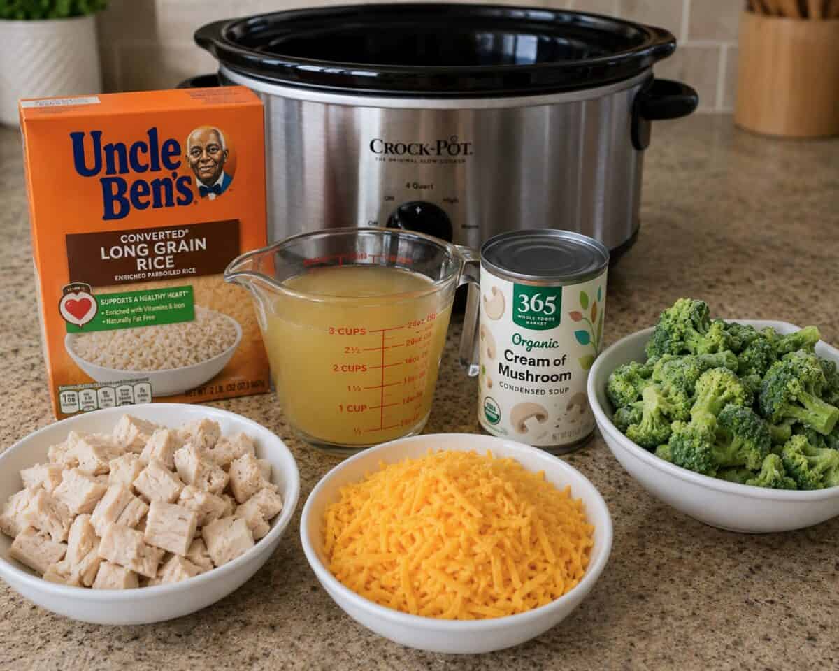 Ingredients including a box of Uncle Ben's converted long grain rice, chicken broth, chopped cooked chicken, shredded cheddar cheese, a can of cream of mushroom condensed soup and broccoli florets with a 4-quart slow cooker behind.