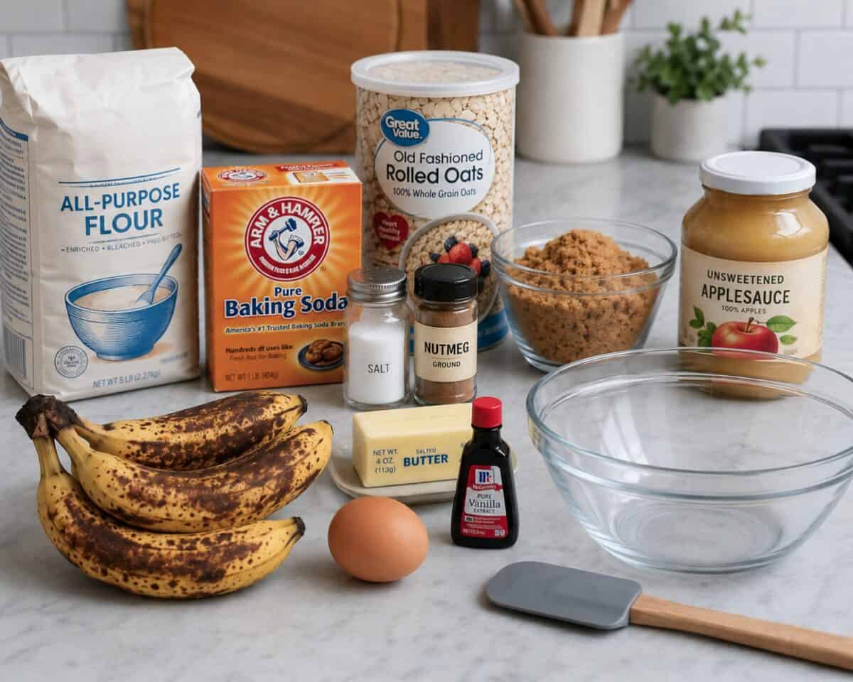 Ingredients including all-purpose flour, baking soda, old-fashioned rolled oats, brown sugar, unsweetened applesauce, ripe bananas, butter, egg, salt, ground nutmeg and vanilla extract on kitchen counter alongside mixing bowl and rubber spatula.
