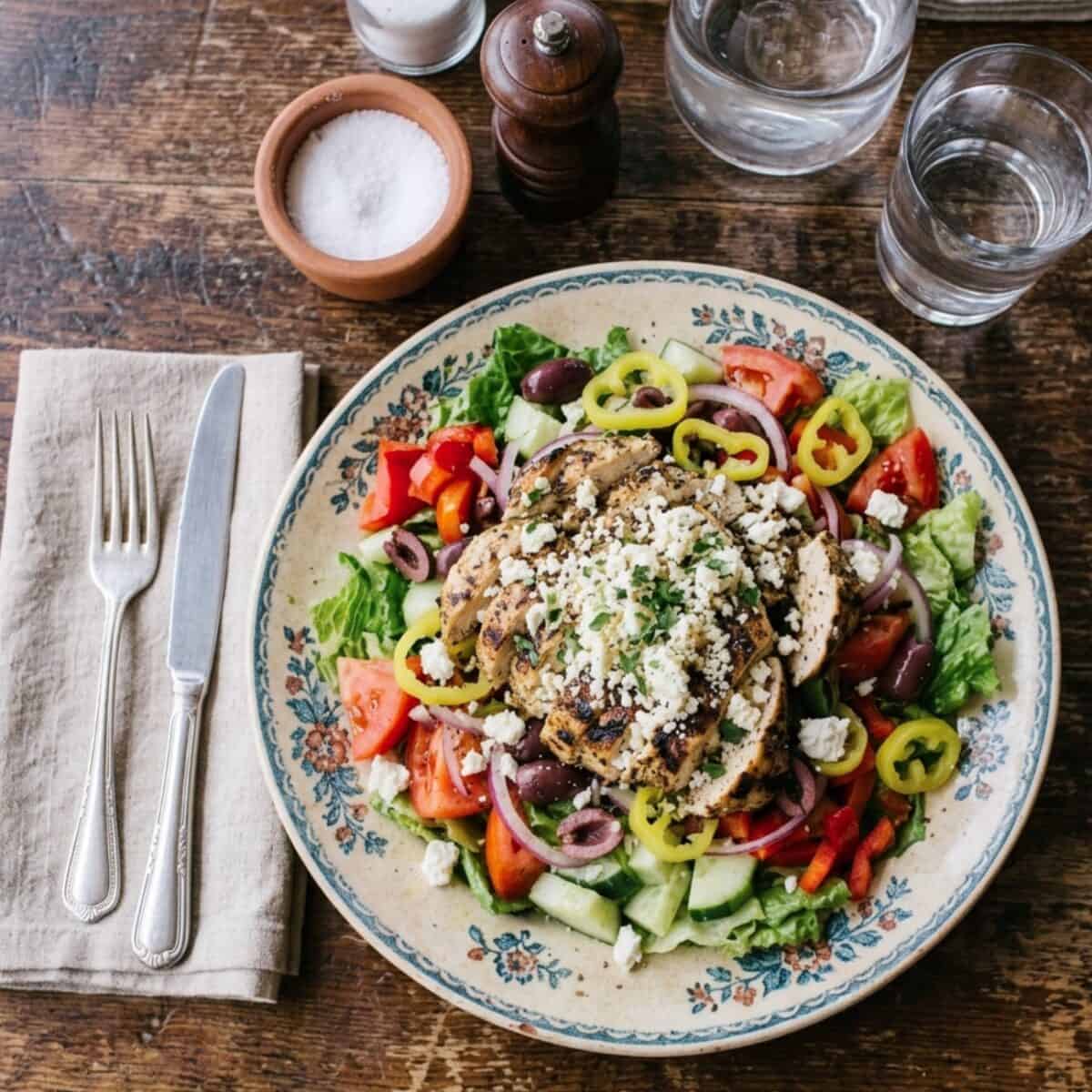 Greek Salad with grilled sliced chicken breast and fork and knife on linen napkin alongside.
