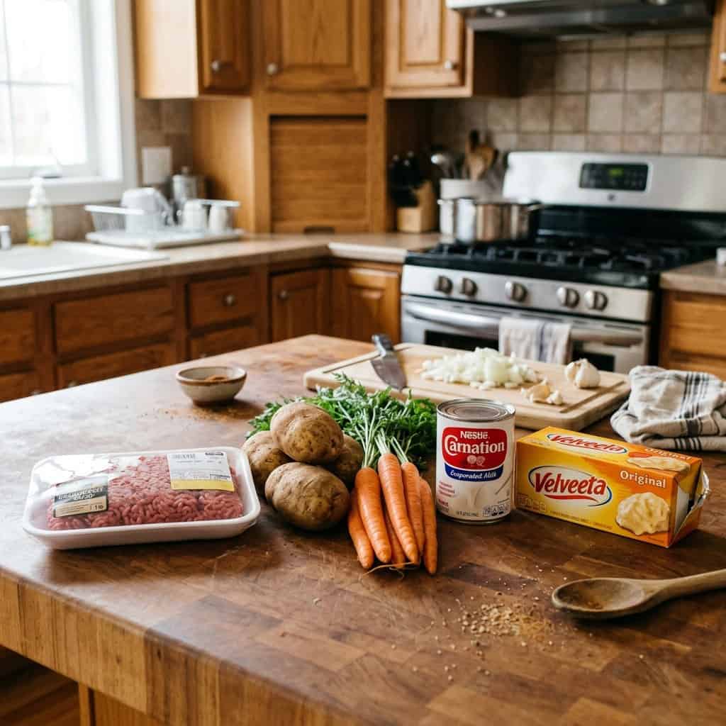 ingredients for cheeseburger soup on butcher block counter