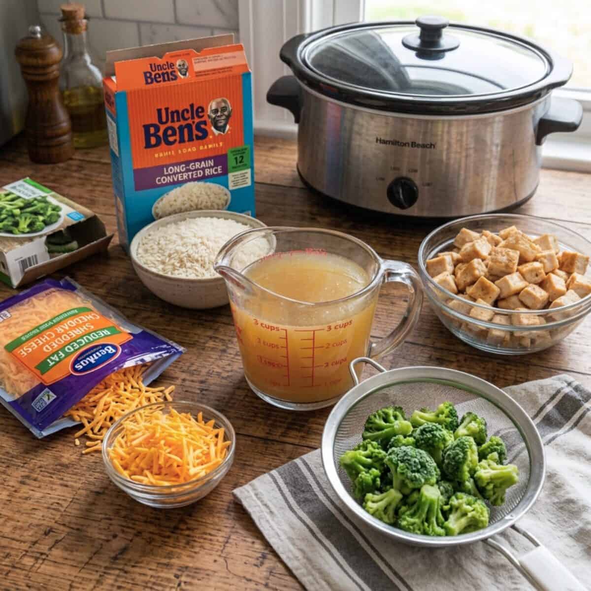Uncle Ben's long-grain converted rice, shredded cheddar cheese, frozen broccoli florets, chicken broth, cubed cooked chicken breast and 4-quart slow cooker in the background.