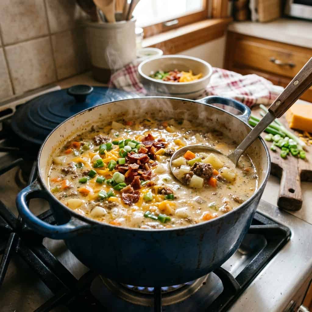 pot of creamy cheeseburger soup
