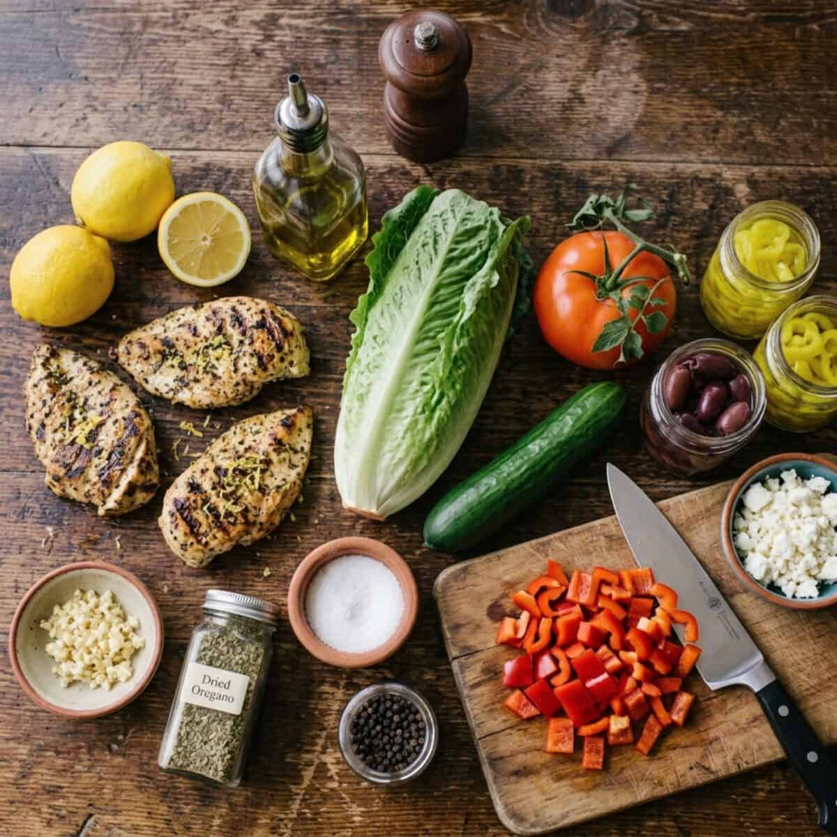 Head of romaine lettuce, grilled chicken breasts, lemons, minced garlic, olive oil, dried oregano, cucumber, tomato, Kalamata olives, banana pepper rings, chopped red bell pepper and crumbled feta on wood table.