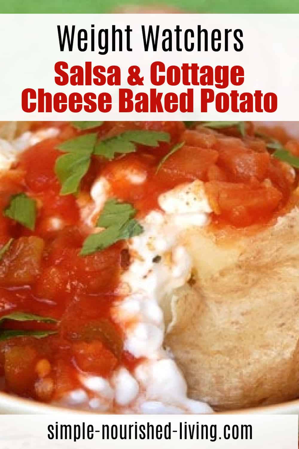 Close up of baked potato topped with salsa and cottage cheese garnished with parsley.